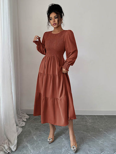 1731564 Elasticated Waist High Waisted Pleated Solid Color Split-Joint Round-Neck Midi Dresses