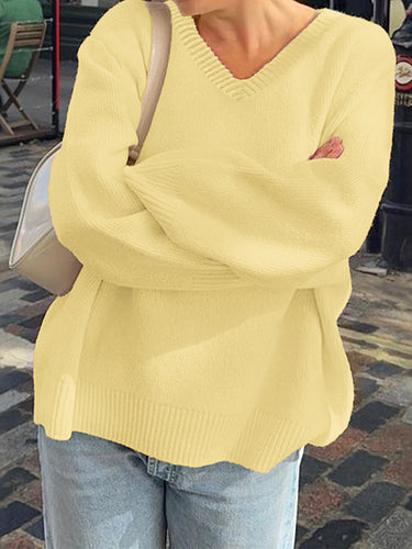 1717816 Long Sleeves Loose Ribs Solid Color V-Neck Sweater Tops