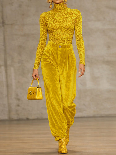 High Waisted Pleated Pockets Solid Color Velvet Pants Trousers