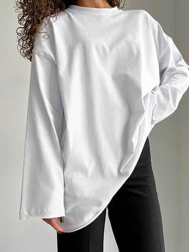 長袖ソリッドカラーの丸いネックTシャツのトップス