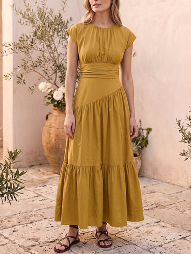 1786737 A-Line High Waisted Pleated Solid Color Split-Joint Round-Neck Maxi Dresses