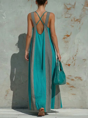1785045 Cross-Strap Loose Backless Contrast Color Pockets Split-Joint Square-Neck Maxi Dresses
