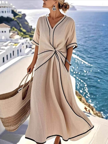 1777871 A-Line High Waisted Contrast Color Knot Line Pleated Pockets V-Neck Midi Dresses