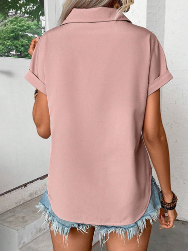 1780455 Loose Short Sleeves Buttoned Pleated Solid Color Lapel Blouses&Shirts Tops