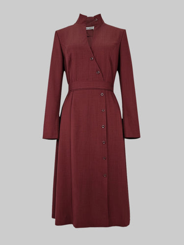 A-Line High Waisted Buttoned Pockets Solid Color Split-Joint Stand Collar Midi Dresses