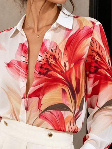 1783073 Long Sleeves Buttoned Contrast Color Flower Print Lapel Blouses&Shirts Tops