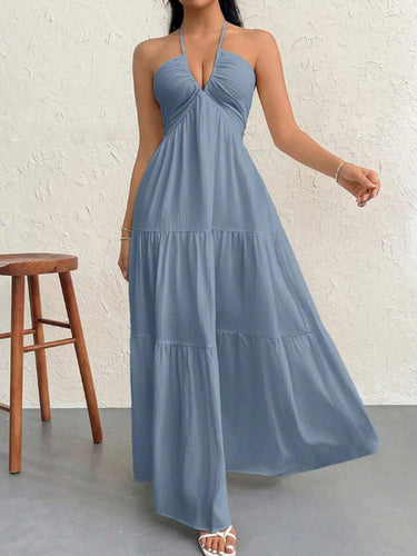 1777351 Corte en A Suelto Sin Espalda Plisado Color Sólido Dividido Escote Halter Midi Vestidos