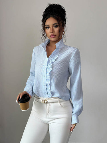 1731628 Long Sleeves Skinny Buttoned Ruffled Split-Joint Striped Stand Collar Blouses&Shirts Tops