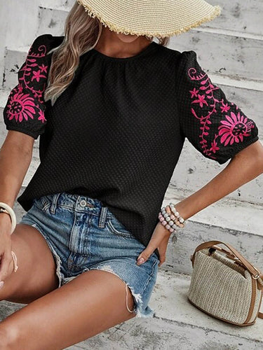 1753187 Loose Short Sleeves Bow-Embellished Contrast Color Split-Joint Round-Neck Blouses&Shirts Tops