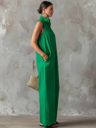1781496 Loose Sleeveless Buttoned Pockets Solid Color Stand Collar Jumpsuits