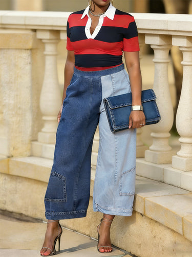 Bas de pantalon en jean ample à jambes larges et poches de couleur contrastée
