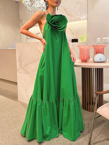 1669924 Three-Dimensional Flower Solid Color Pockets Pleated Backless Sleeveless Loose Halter-Neck Maxi Dresses