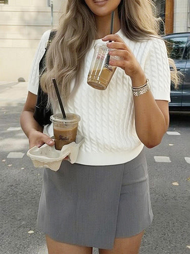 1730861 Short Sleeves Solid Color Split-Joint Round-neck Pullovers Sweater Tops