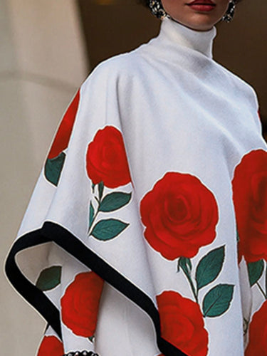 Long Sleeves Loose Flower Print High Neck 1 Piece Cape