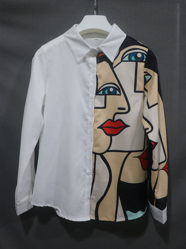 Elegante top a maniche lunghe con maniche lunghe stampicate asimmetriche