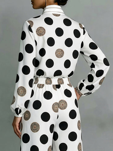 1780049 Long Sleeves Loose Buttoned Contrast Color Polka Dot Printed Stand Collar Blouses&Shirts Tops