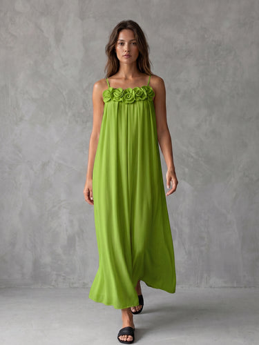 1778884 A-Line Loose Solid Color Three-Dimensional Flower Spaghetti-Neck Midi Dresses