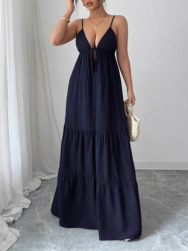 1766170 A-Line Sleeveless Backless Drawstring Pleated Solid Color Spaghetti-Neck Maxi Dresses
