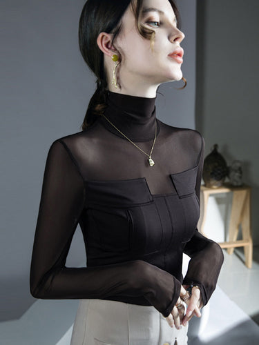 1713800 Long Sleeves Skinny See-Through Solid Color Split-Joint High Neck Blouses&Shirts Tops