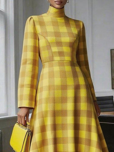 A-Line High Waisted Contrast Color Plaid High Neck Midi Dresses