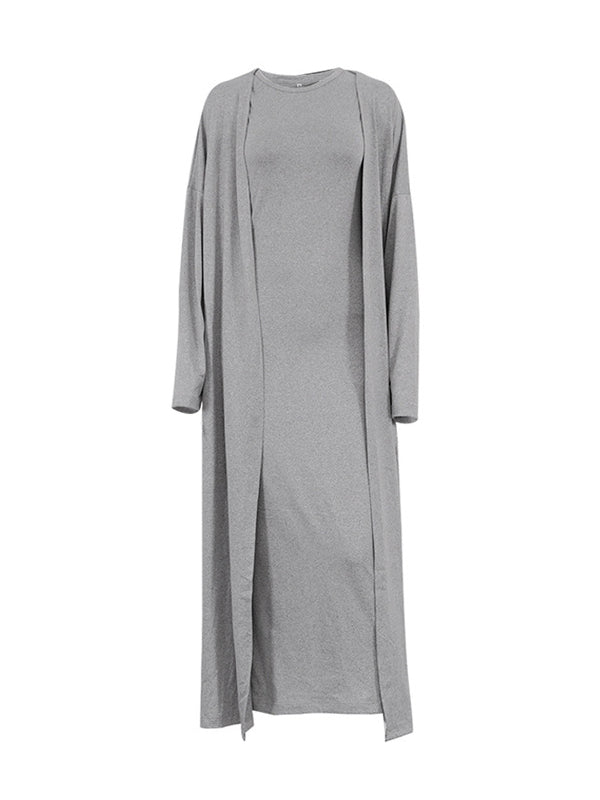 Long Sleeves Solid Color Round-Neck Inner Dress + Bodycon Outerwear Tw ...