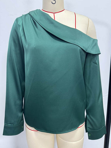 1728927 Long Sleeves Skinny Pleated Solid Color Split-Joint One-Shoulder Blouses&Shirts Tops