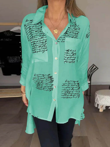 1782321 High-Low Long Sleeves Contrast Color Letter Print Pockets Lapel Blouses&Shirts Tops