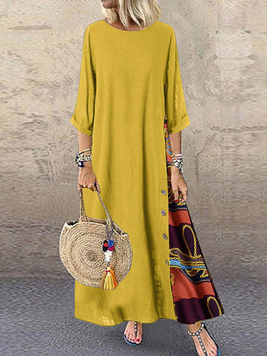 1782333 Loose Plus Size Buttoned Contrast Color Printed Split-Joint Round-Neck Midi Dresses