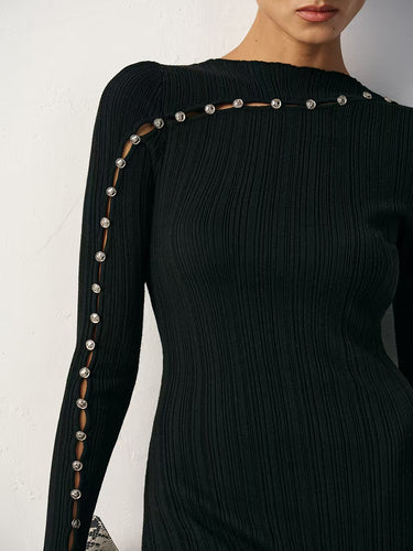 1739301 Bodycon Irregularity Beads Contrast Color Ribbed Knit Split-Joint High Neck Midi Dresses