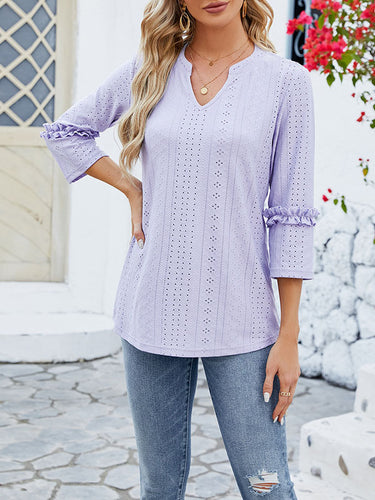 1497365 Loose Three-Quarter Sleeves Jacquard Solid Color V-Neck T-Shirts Tops