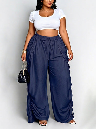 1785473 High Waisted Loose Drawstring Elasticity Pockets Split-Joint Pants Trousers