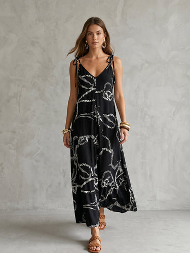 1785138 A-Line Loose Backless Contrast Color Drawstring Printed Spaghetti-Neck Midi Dresses