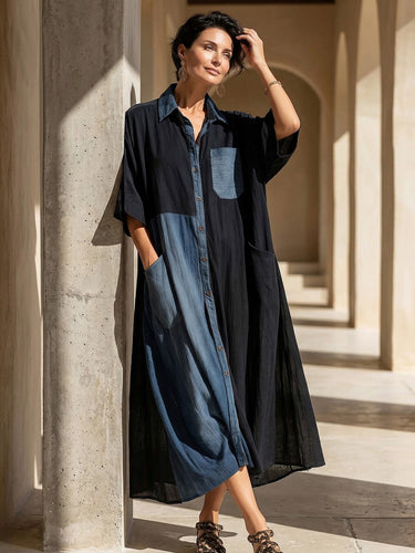 1764603 Batwing Sleeves Loose Buttoned Contrast Color Pockets Split-Joint Lapel Midi Dresses