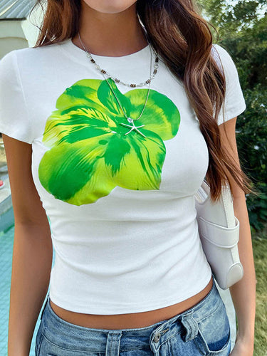 Mangas cortas Camisetas de cuello redondo de estampado de flores delgadas