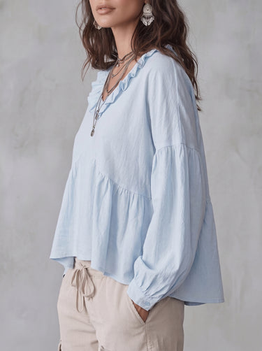 1781236 Long Sleeves Loose Pleated Ruffle Trim Solid Color Split-Joint Deep V-Neck Blouses&Shirts Tops