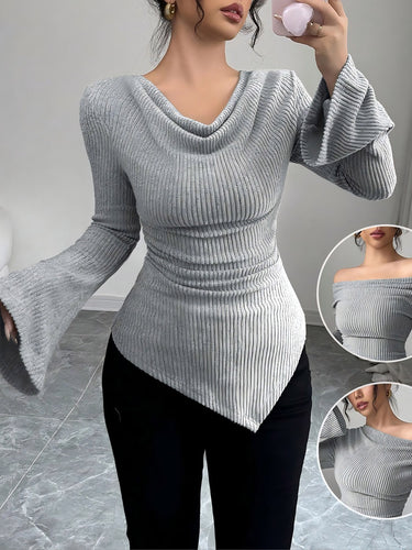 1751316 Uitlopende mouwen Onregelmatigheid Geplooid Geribbeld Gebreid Effen Kleur Hoops Kraag T-shirts Tops