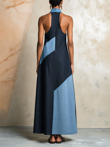 1785061 A-Line Loose Contrast Color Pockets Split-Joint Zipper Halter-Neck Maxi Dresses