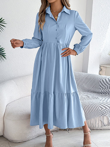 1713678 High Waisted Long Sleeves Pleated Ruffled Solid Color Lapel Midi Dresses Shirt Dress