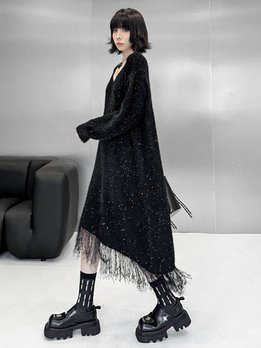 1720289 Irregularity Long Sleeves Contrast Color Sequined Shiny Split-Joint Tasseled V-Neck Midi Dresses Sweater Dresses