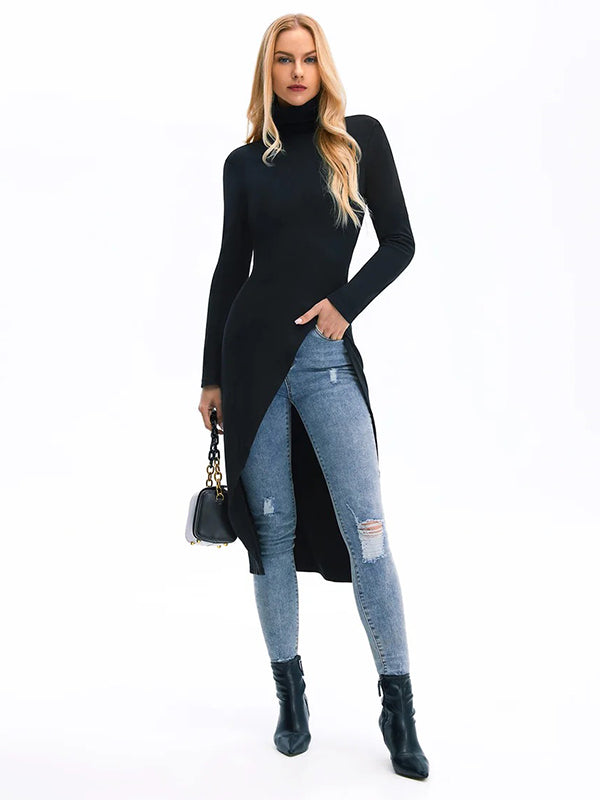 Skinny Solid Color Split-Side High-Neck T-Shirts Tops