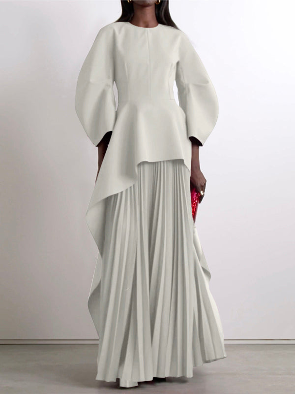Loose Plus Size Mesh Pleated Solid Color Split-Joint Mock Neck Maxi Dresses Two Pieces Set main image 0
