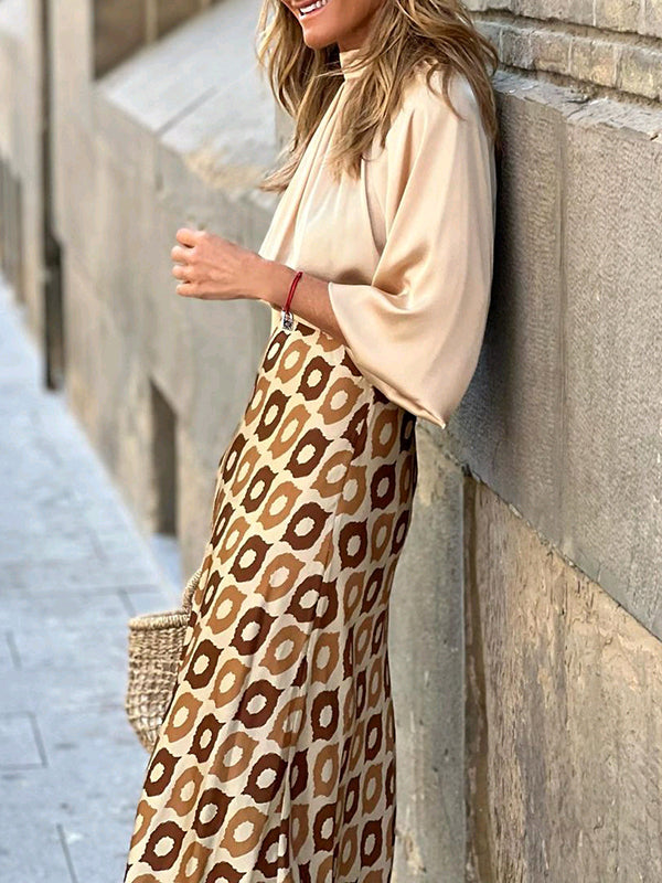 Solid Color Split-Joint Round-Neck T-Shirt Top + Zipper Bodycon High Waisted Skirts Bottom Two Pieces Set