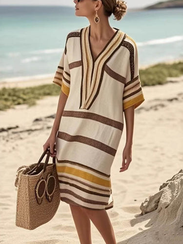 1782381 Half Sleeves Loose Contrast Color Split-Joint V-Neck Midi Dresses