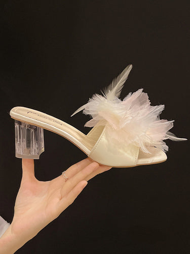 1775880 Square Heel Feathers Open Toe Three-Dimensional Flower Sandals