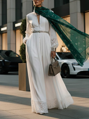 A-Line High Waisted Belted Buttoned Hollow Pleated Pockets Solid Color Split-Joint Stand Collar Maxi Dresses Shirt Dress