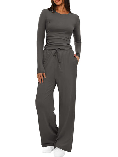 1751582 Solid Color Pleated Round-Neck T-Shirts Tops +  Elasticated Waist High Waisted Drawstring Pants Two Pieces Set