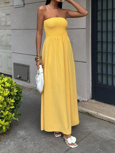 1752736 Vestidos midi de tubo dividido em cor sólida com cintura alta e cintura alta