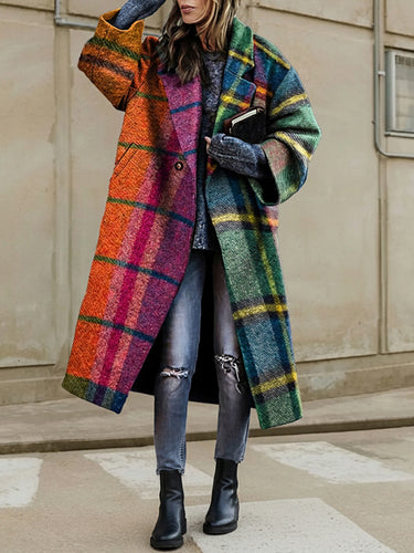 Long Sleeves Loose Contrast Color Plaid Split-Joint Lapel Outerwear Windbreakers Woolen Coat