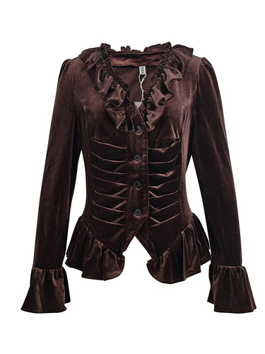 Elasticated Waist Flared Sleeves Buttoned Pleated Ruffled Solid Color Split-Joint Deep V-Neck Blouses&Shirts Tops