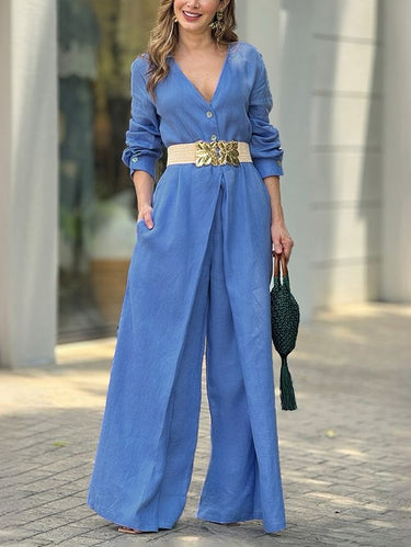 1664214 High Waisted Long Sleeves Buttoned Pockets Solid Color V-Neck Jumpsuits